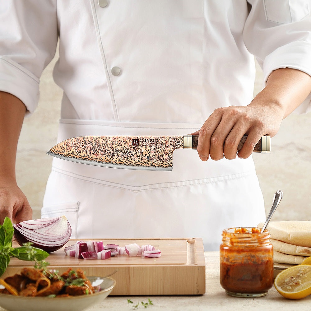 XINZUO 7 Inches Santoku Knife, 53-Layer Tri-Color Copper Damascus Steel,Rosewood Handle,Acacia Wooden Gift Box Packing