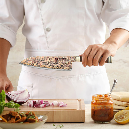 XINZUO 7 Inches Santoku Knife, 53-Layer Tri-Color Copper Damascus Steel,Rosewood Handle,Acacia Wooden Gift Box Packing