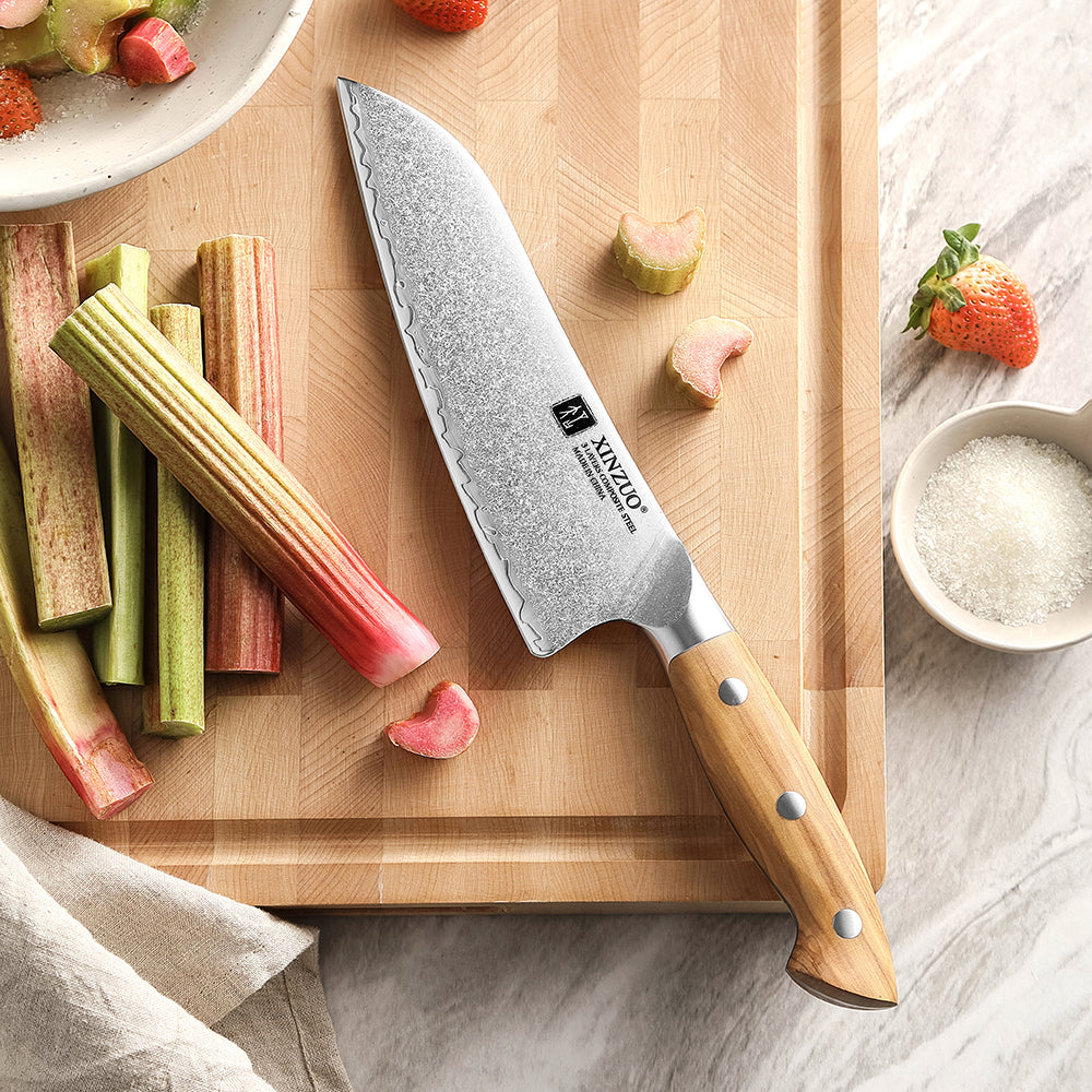 XINZUO Professional Santoku Knife - Triple-Layer Composited Steel with Olive Wood Handle, Razor Sharp & Ergonomic Design-PIN Series
