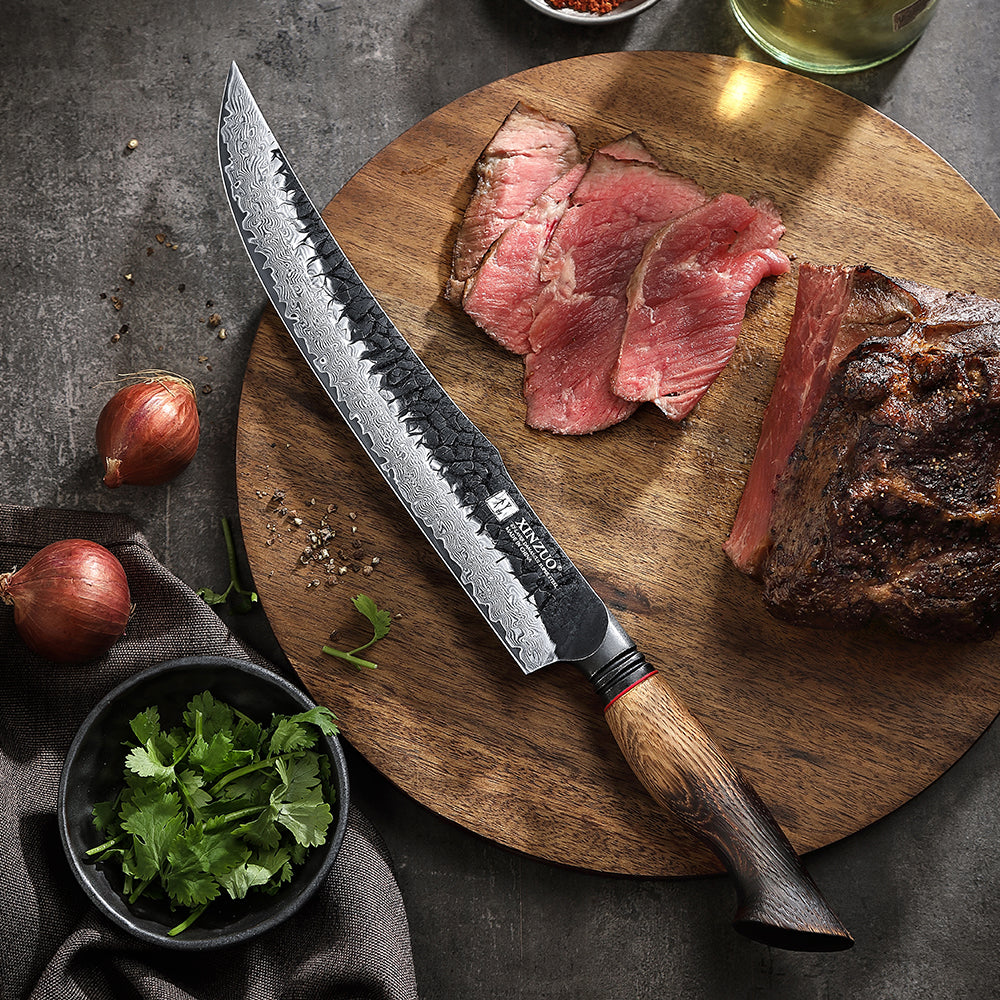 XINZUO 10 Inch Carving Knife 67 Layers Damascus Steel with Burnt Oak Handle - Precision Slicing Knife for Meat, Poultry & Roasts