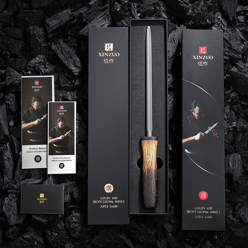 XINZUO 9 Inch Knife Sharpening Rod - High Carbon Steel Chrome Plated Honing Steel with Ergonomic Handle for Professional & Home Kitchen Use