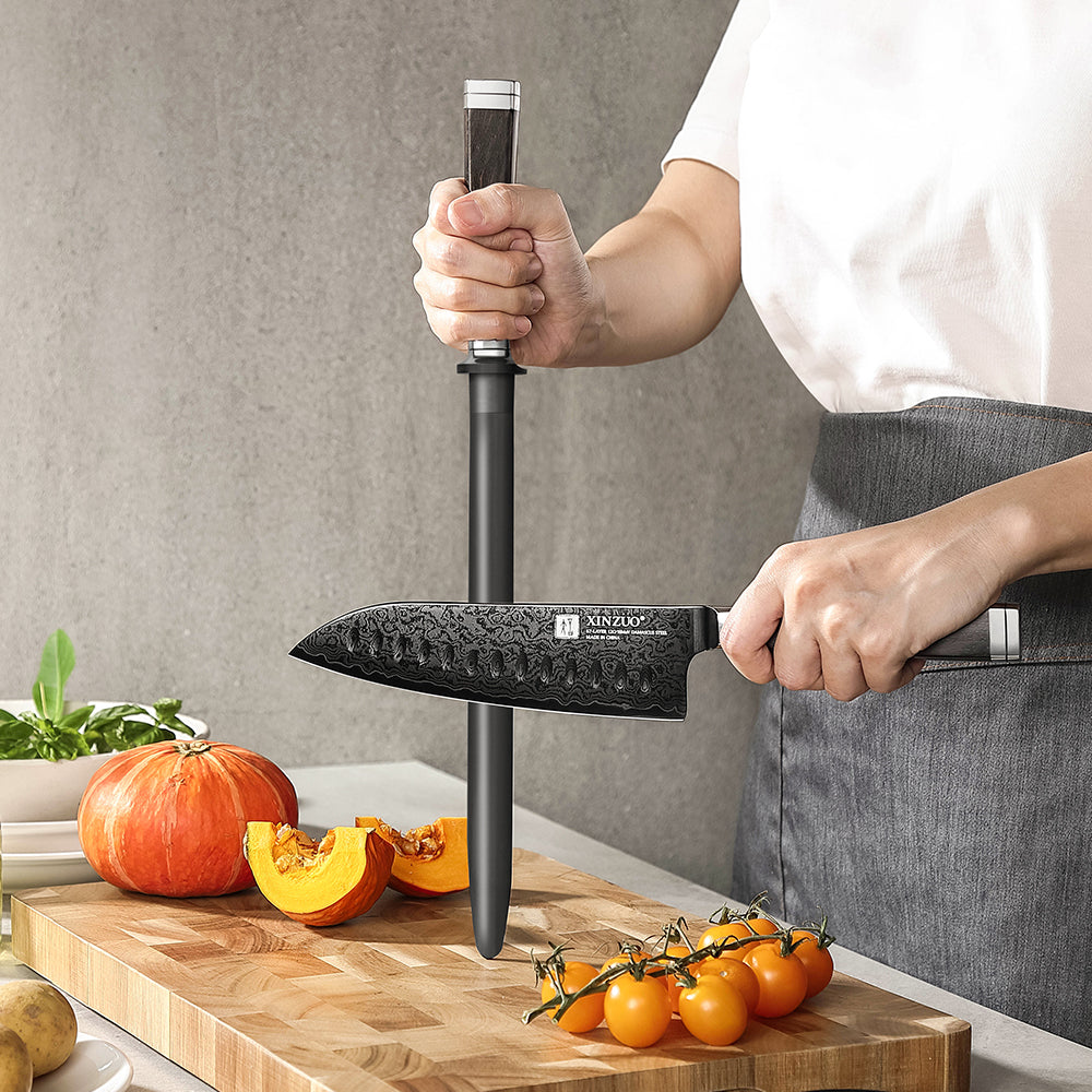 XINZUO Ji Series Premium Kitchen Sharpening Rod, Ergonomic Ebony Handle for Fast Blade Sharpening & Repair