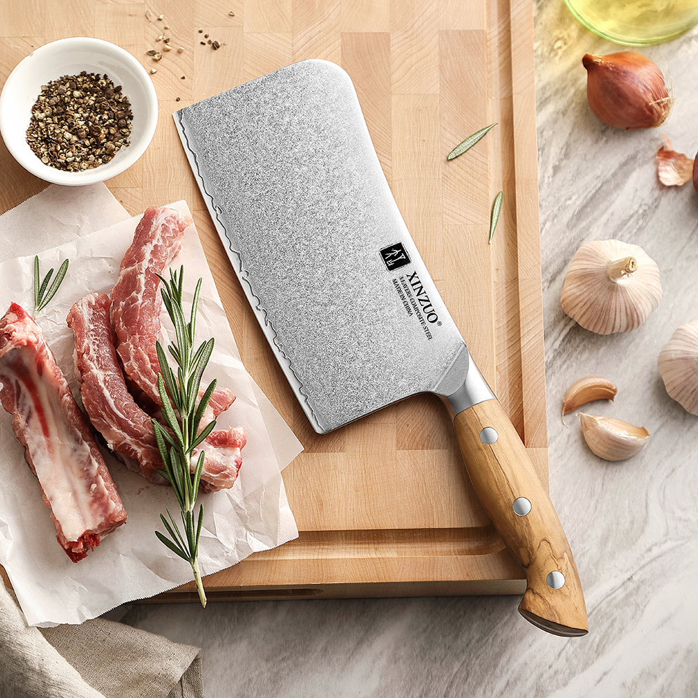XINZUO Professional Chinese Bone Cleaver Knife - Triple-Layer Composited Steel with Olive Wood Handle, Razor Sharp & Ergonomic Design-PIN Series