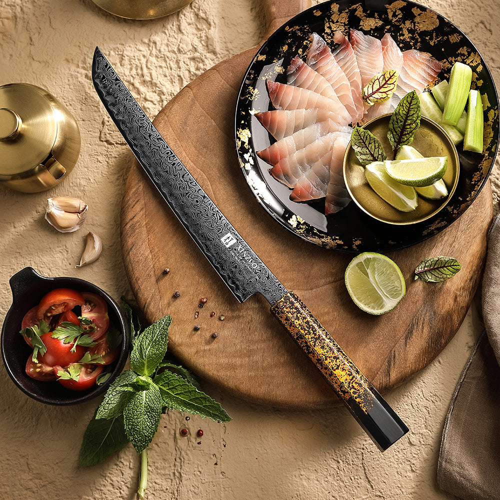 XINZUO 10 Inches Calamus Knife Japanese ZDP189 Damascus Steel Intangible Cultural Heritage lacquerware Handle