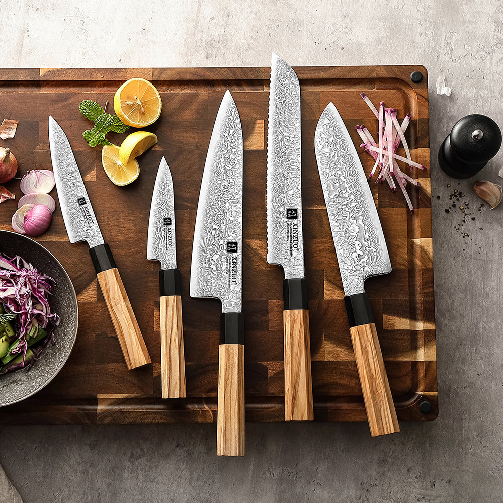XINZUO 5-Piece Complete Kitchen Knife Set, Custom 67 Layer Damascus Steel Blade,Olive Wood Handle, For Home Daily Food Prep