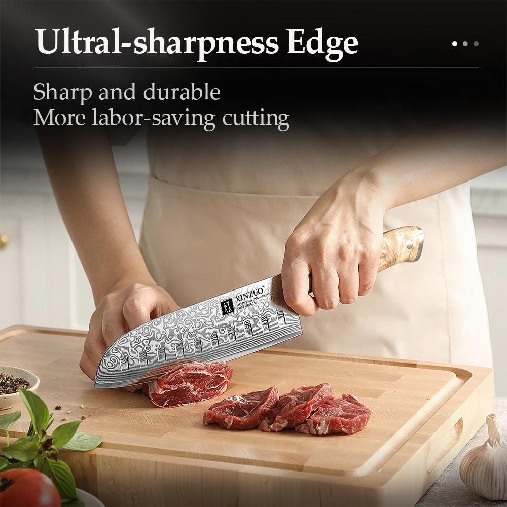 XINZUO 7.1 Inches Santoku Knife 67 Layer Damascus Steel 10Cr15CoMoV Core 60±2 HRC Handmade Kitchen Knife