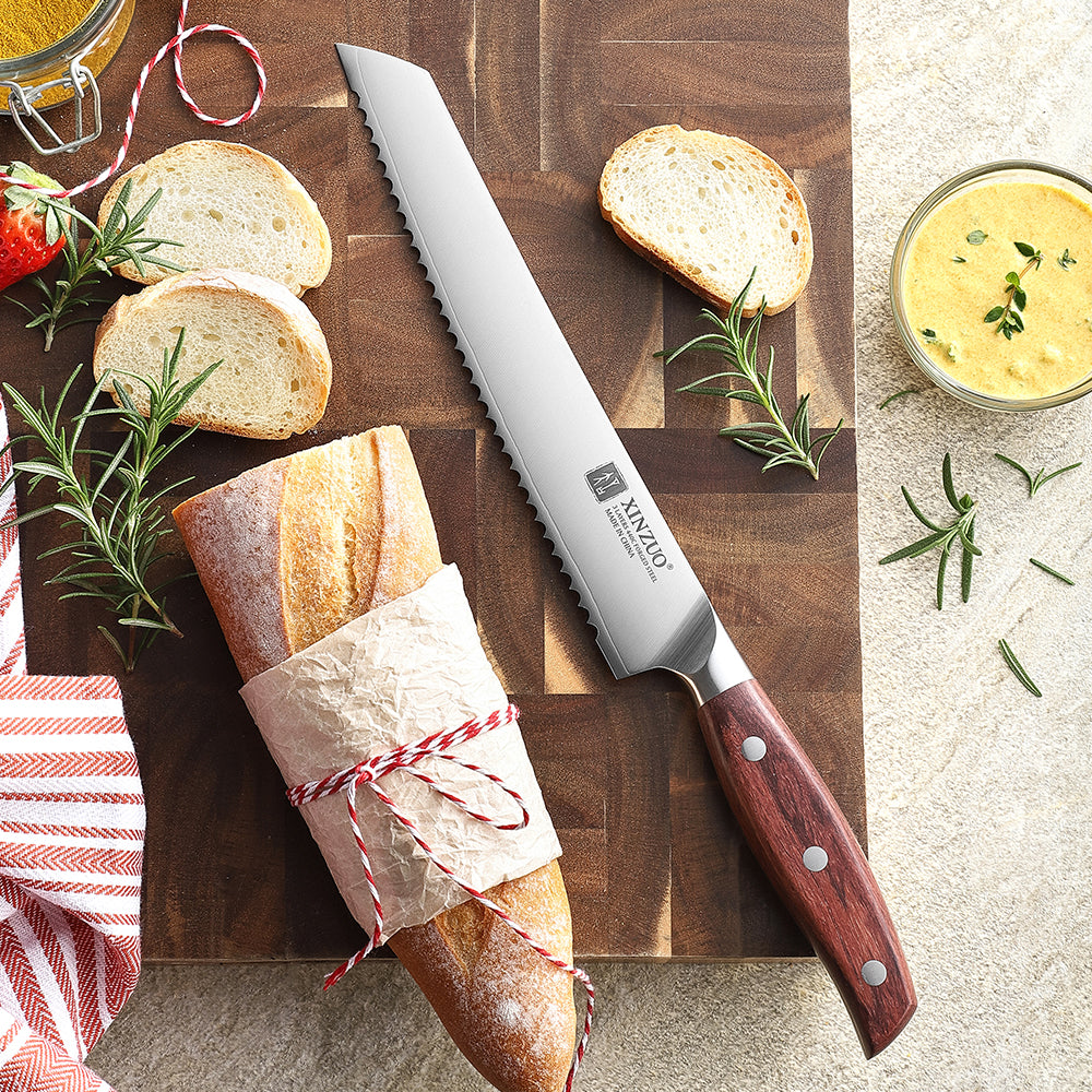 XINZUO 8.2 Inches Bread Knife 3 Layers Composite Steel 440C Steel Core With Nature Red Wood Handle