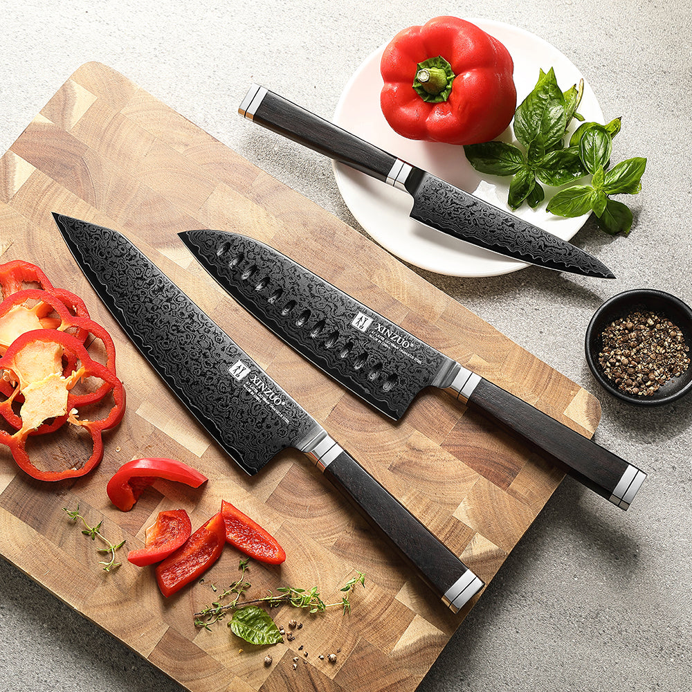 XINZUO Ji Series High Carbon Steel 3PCS Knife Set 67 Layers Damascus Steel Utility+Santoku+Bunka Knife,Kitchen Utensils