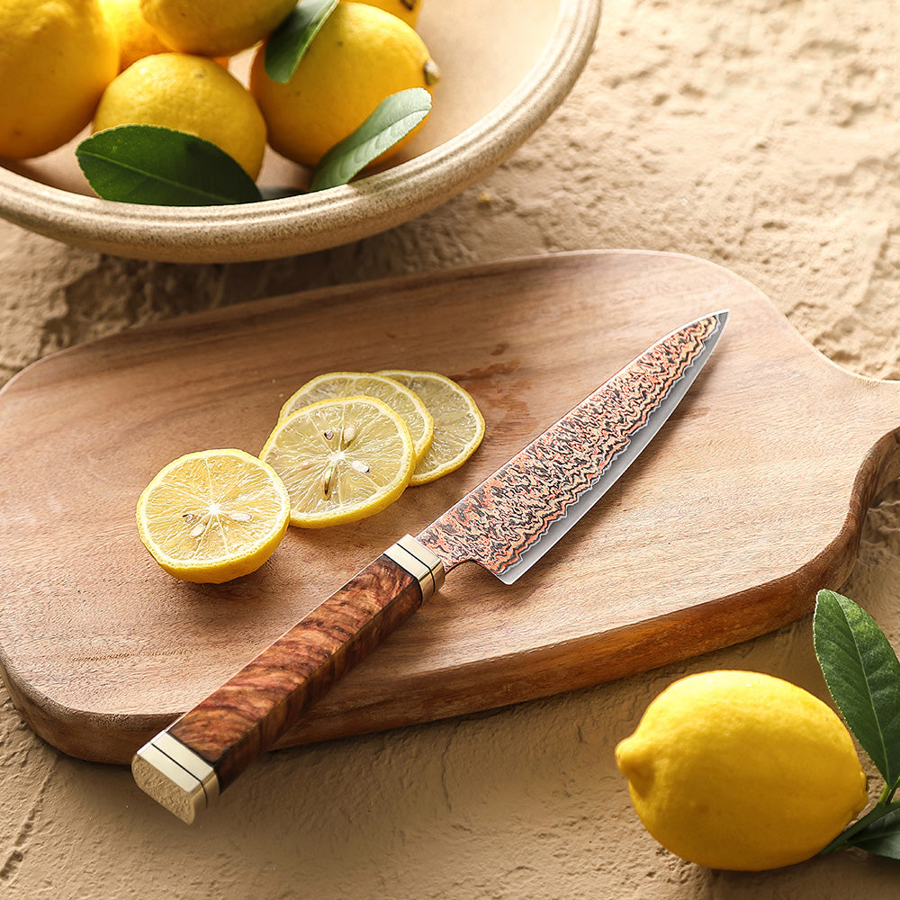 XINZUO 5.3 Inches Kitchen Utility Knife, 53-Layer Tri-Color Copper Damascus Steel,Rosewood Handle,Acacia Wooden Gift Box Packing