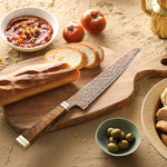 XINZUO 8.5 Inches Serrated Bread Knife, 53-Layer Tri-Color Copper Damascus Steel,Rosewood Handle,Acacia Wooden Gift Box Packing