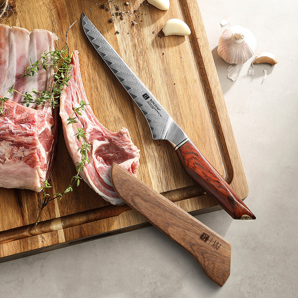 XINZUO Xing Series Ergonomic Rosewood Boning Knife –73 Layers Damascus Steel With 14Cr14MoVNb Core