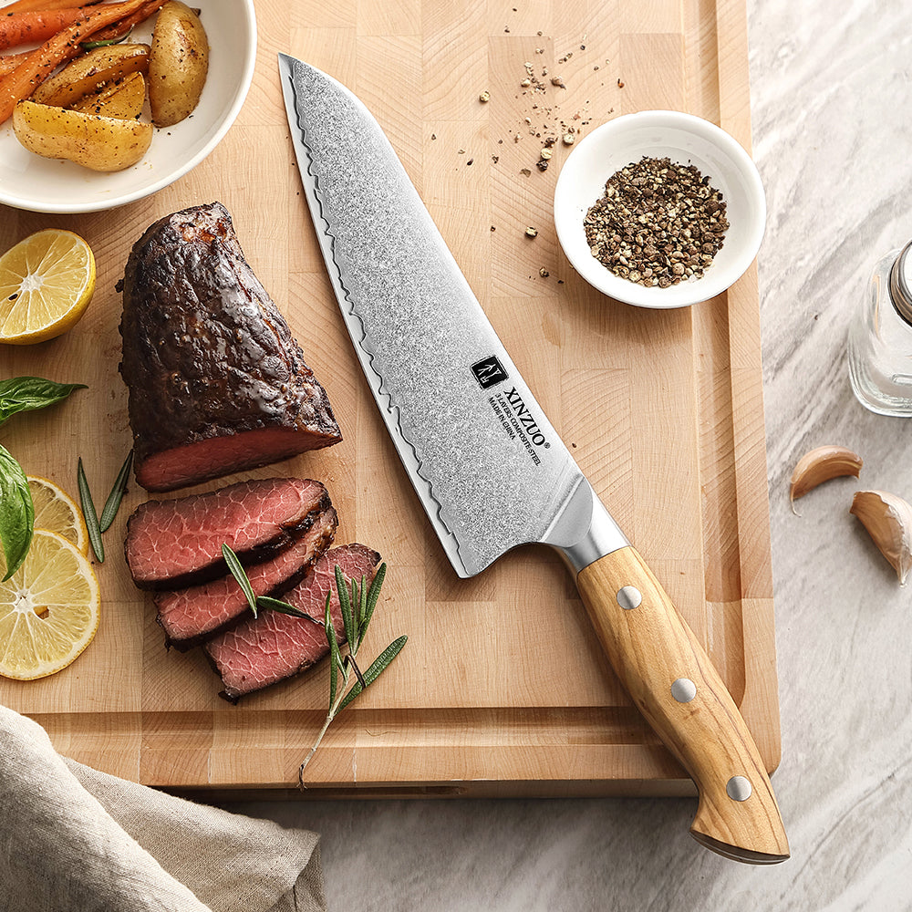 XINZUO Granton Edge Chef Knife - Triple-Layer Damascus Steel with Olive Wood Handle, Non-Stick & Razor Sharp-PIN Series