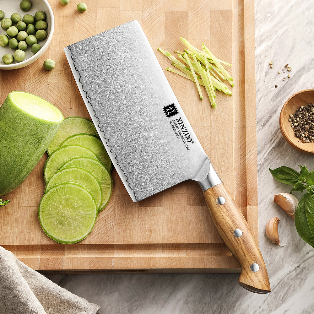 XINZUO Professional Chinese Meat Cleaver Knife - Triple-Layer Composited Steel with Olive Wood Handle, Razor Sharp & Ergonomic Design-PIN Series