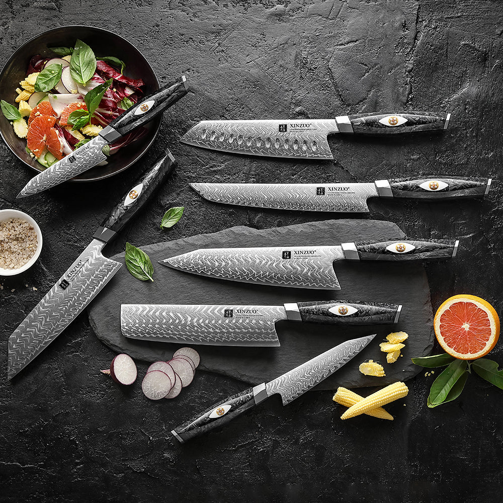 XINZUO 7PCS Knife Set 145-Layer M390 Damascus Steel Kitchen Knife – 60-62HRC Hardness, Black Carbon Fiber Handle