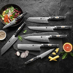 XINZUO 7PCS Knife Set 145-Layer M390 Damascus Steel Kitchen Knife – 60-62HRC Hardness, Black Carbon Fiber Handle