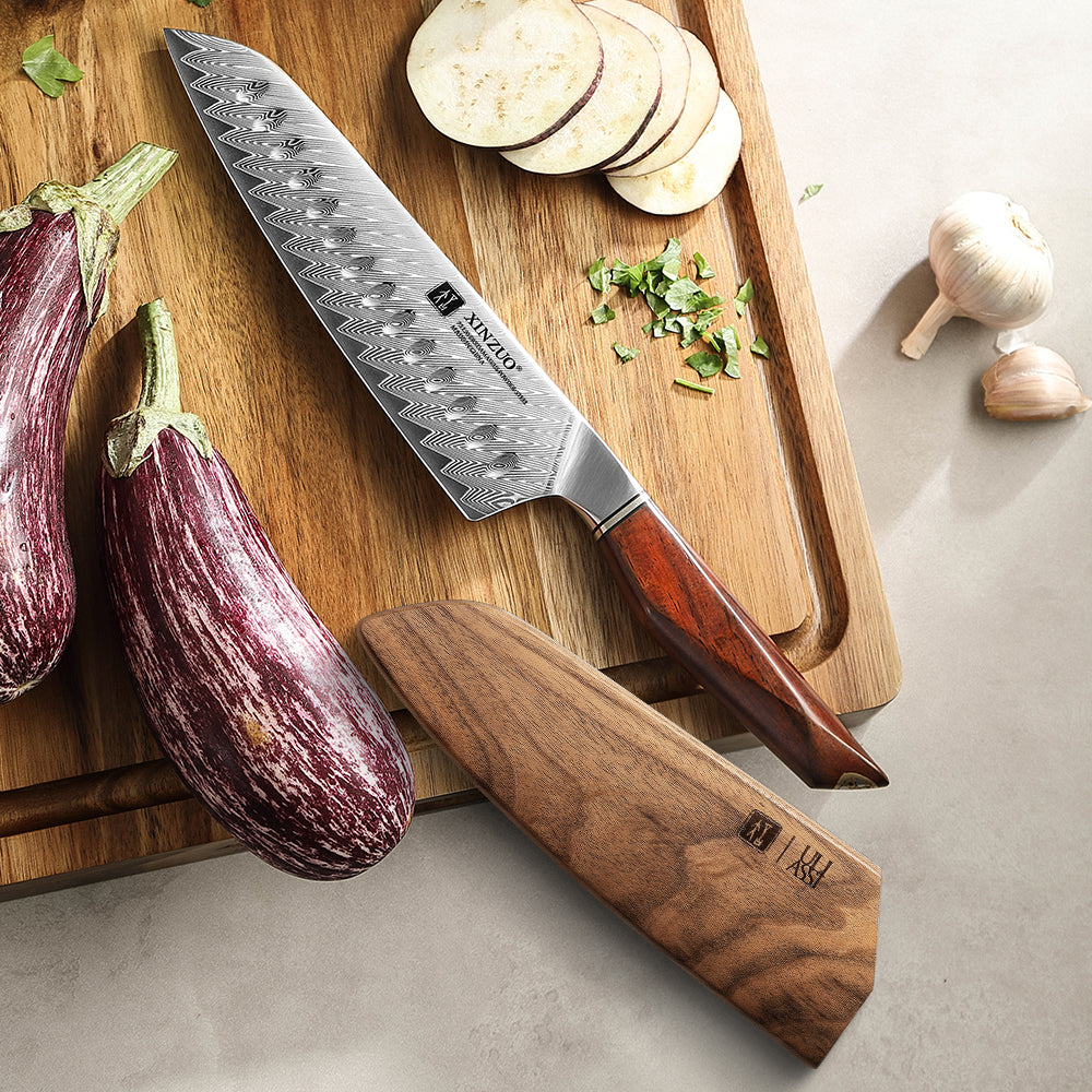 XINZUO Xing Series 7.2 Inches Santoku Knife,73-Layer Damascus – Powder Steel Core (14Cr14MoVNb), Ergonomic Rosewood & Brass Handle, Eco-Friendly Gift Box