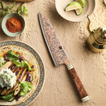 XINZUO 8.3 Inches Kiritsuke Chef Knife, 53-Layer Tri-Color Copper Damascus Steel,Rosewood Handle,Acacia Wooden Gift Box Packing