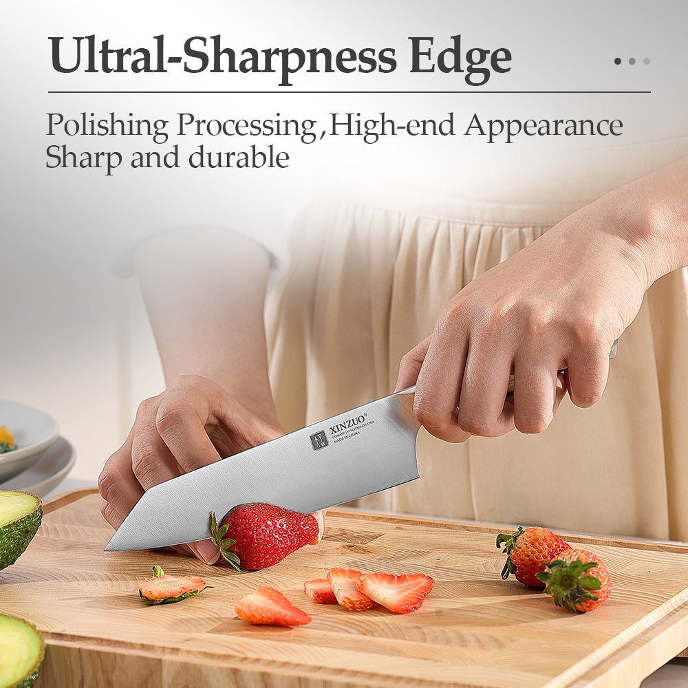 XINZUO Premium German Steel 5.8 Inches Bunka Knife – Olive Wood Handle, 56-58HRC Hardness, Ideal for Daily Kitchen Prep