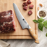 XINZUO Serrated Frozen Food Knife - Triple-Layer Composited Steel with Olive Wood Handle, Razor Sharp & Ergonomic Design-PIN Series