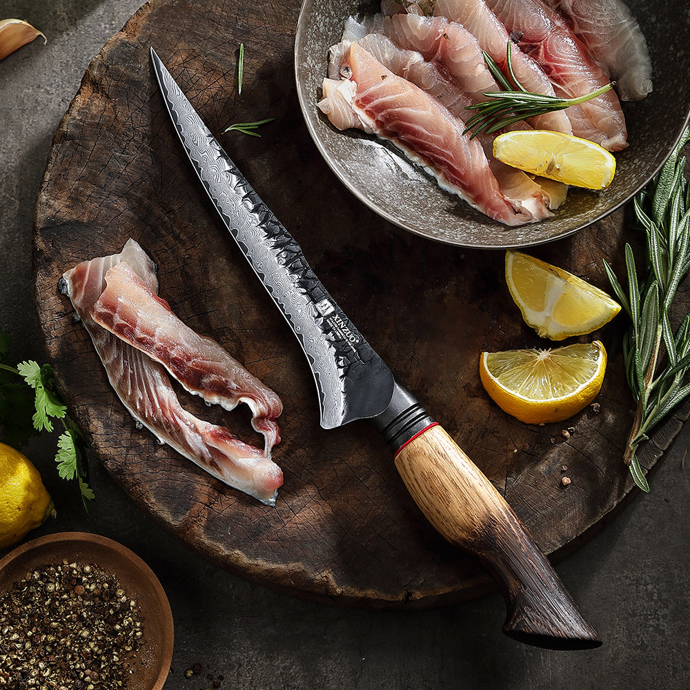 XINZUO 7.5 Inch Flexible Fillet Knife 67 Layers Damascus Steel with Burnt Oak Handle – Precision Fish & Boneless Meat Preparation Tool