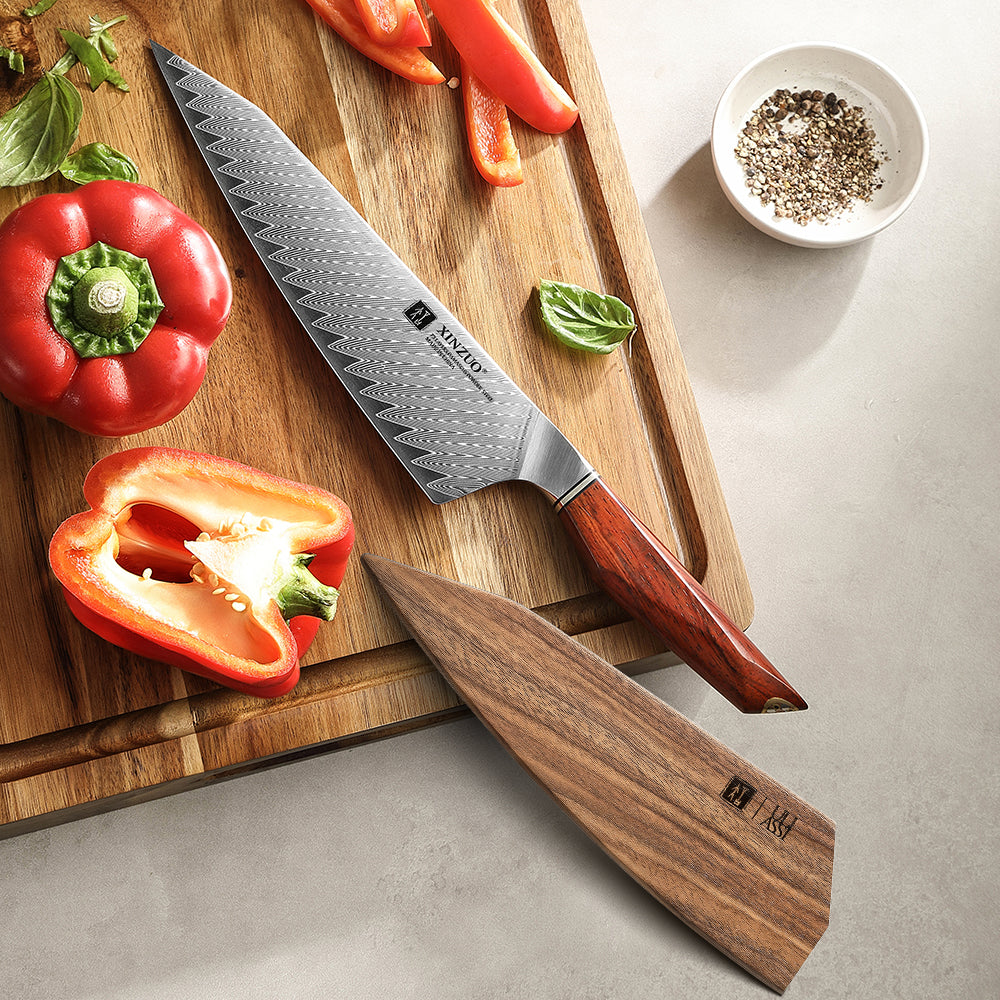 XINZUO Xing Series 73-Layer Damascus Steel 8.2”Bunka Knife – 14Cr14MoVNb Core, Rosewood & Brass Rivets Handle