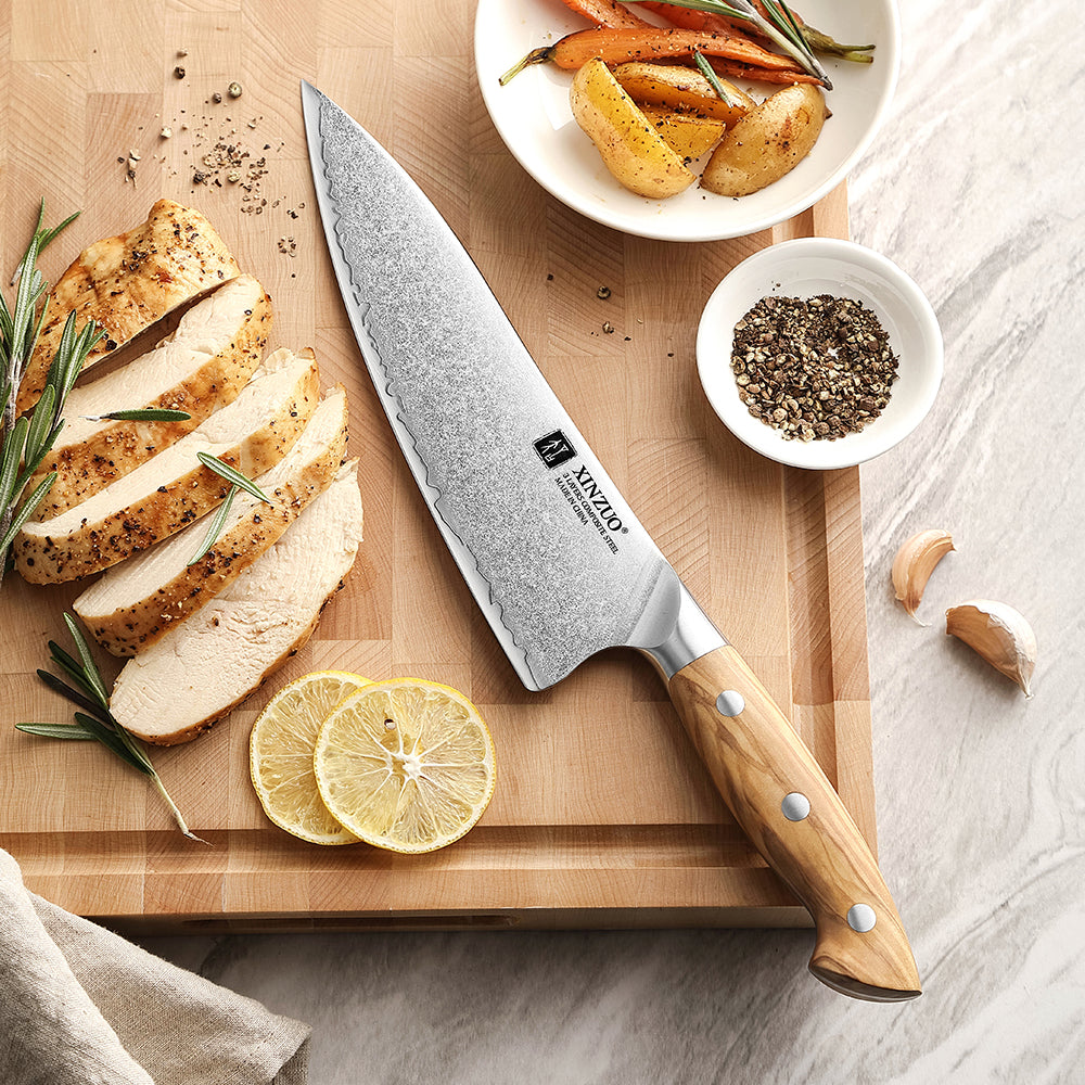 XINZUO Professional Chef Knife - Triple-Layer Composited Steel with Olive Wood Handle, Razor Sharp & Ergonomic Design-PIN Series
