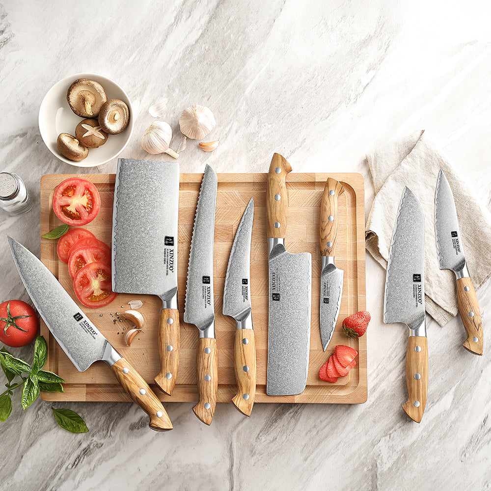 XINZUO 8PCS Kitchen Knife Set - Triple-Layer Composited Steel with Olive Wood Handle, Razor Sharp & Ergonomic Design-PIN Series