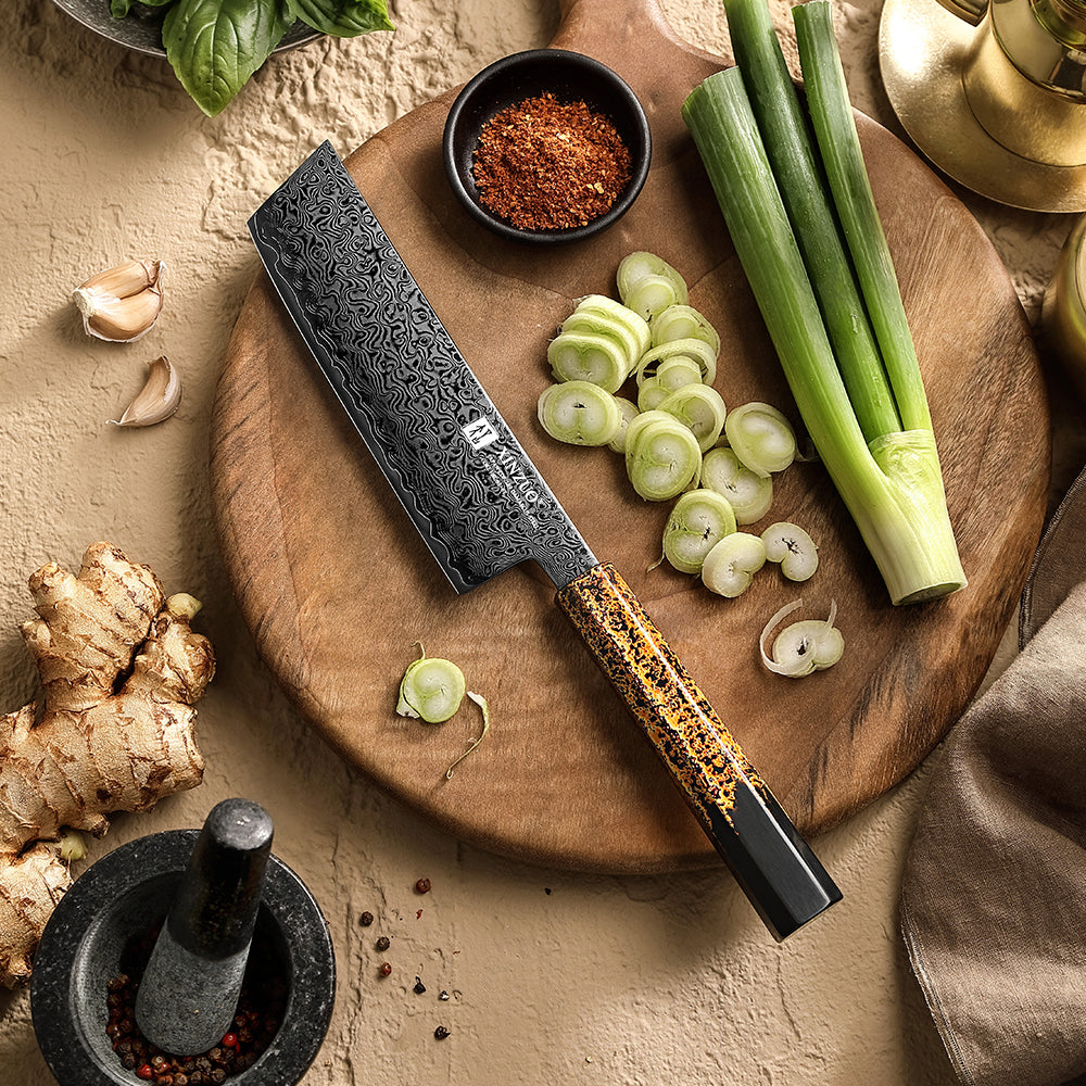XINZUO 6.9”Nakiri Knife 49-Layer Damascus Kitchen Knife, ZDP-189 Steel Core DLC Coated Ultra Sharp Kitchen Knife