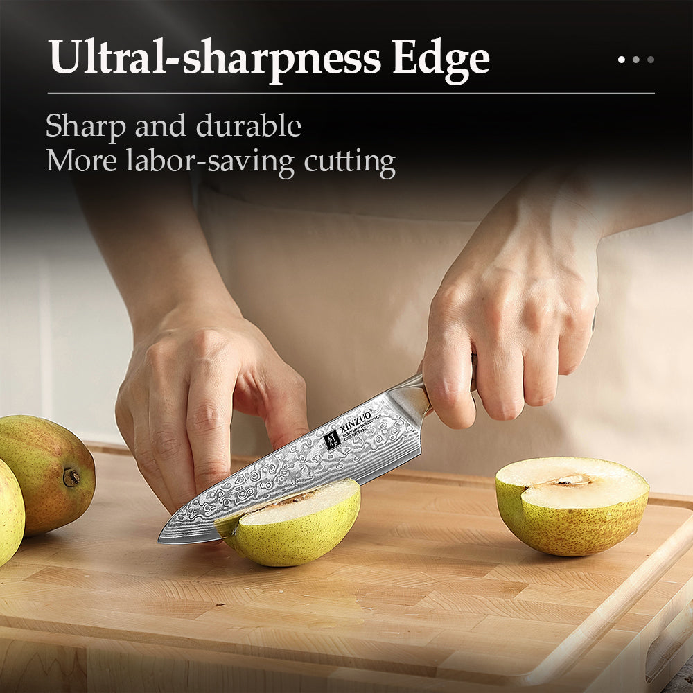 XINZUO Customized 5.2'' Inch Utility Knife 67-Layer Damascus Steel With Figured Sycamore Wood Handle Perfect Gift For Cooks