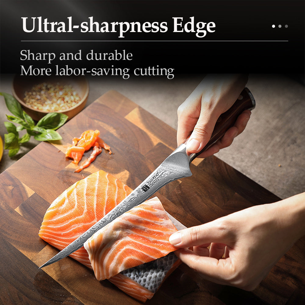 XINZUO 7-Inch Fish Fillet Knife — 67-Layer Damascus Steel Blade, Natural Rosewood Grip