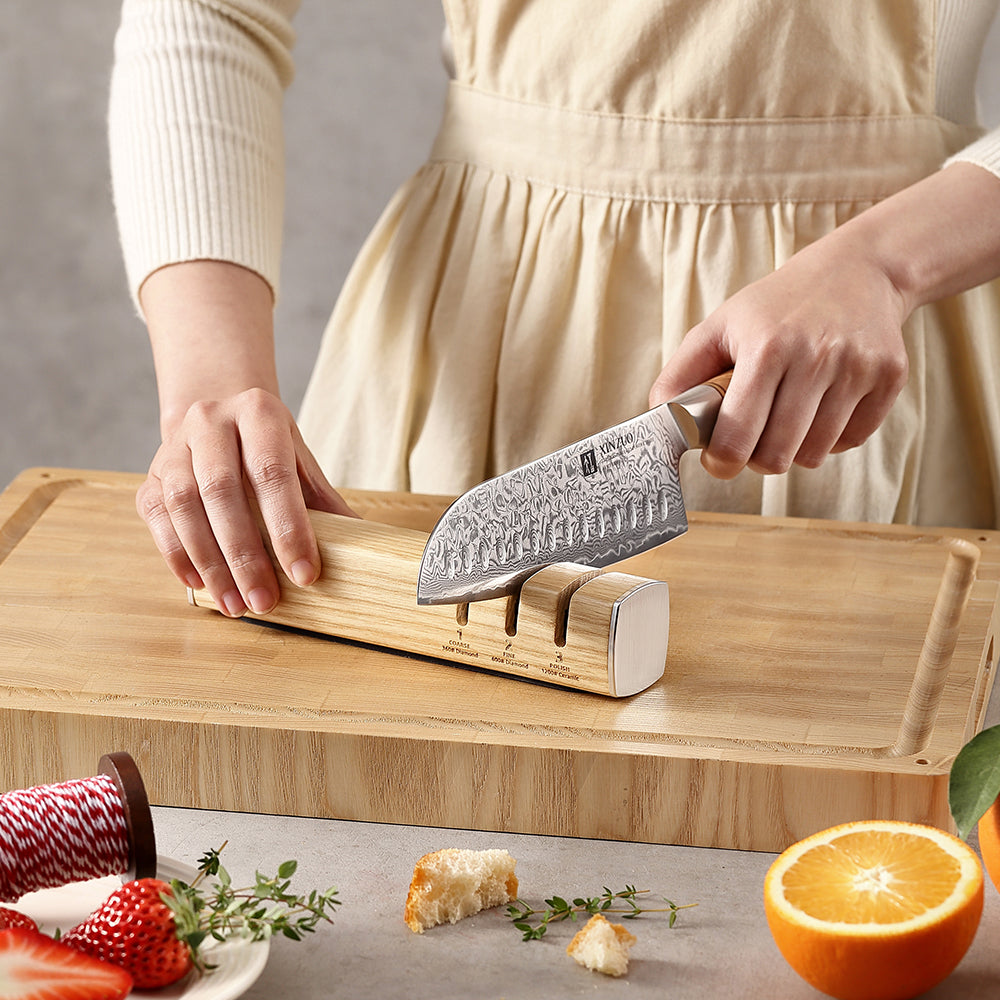 XINZUO 1PC 3-in-1 Knife Sharpener Diamond & Ceramic System Ash Wood & Walnut Wood Option，Scientific and Efficient Sharpening