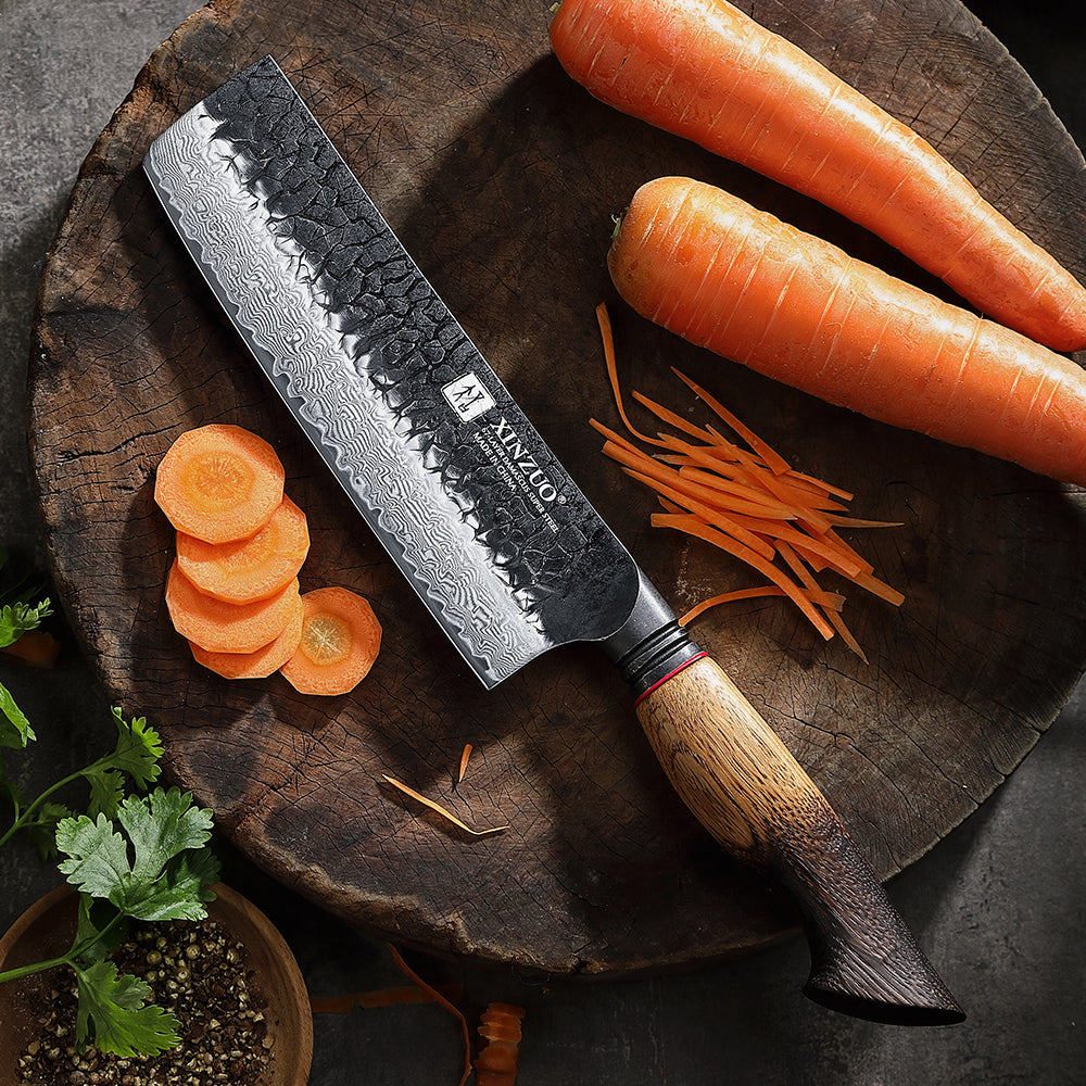 XINZUO 7 Inch Japanese Nakiri Knife, 67 Layers Damascus Steel with Burnt Oak Handle - Precision Vegetable Chef Knife for Professional & Home Use