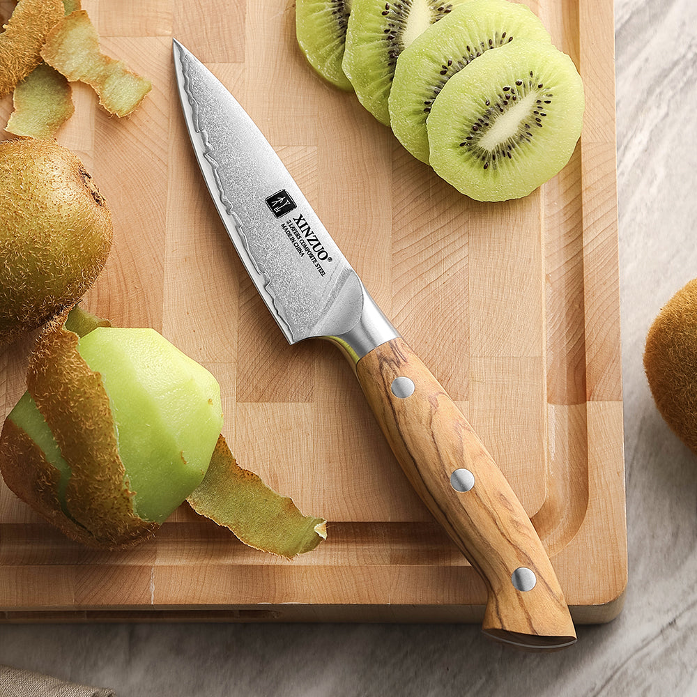 XINZUO 4.3 Inches Paring Knife - Triple-Layer Composited Steel with Olive Wood Handle, Razor Sharp & Ergonomic Design-PIN Series