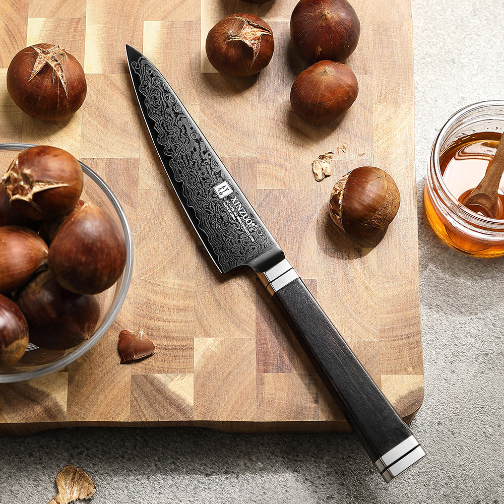 XINZUO Premium 5.3" Damascus Steel Utility Knife - 67 Layers Damascus Steel, 60±2 HRC, Black Titanium Plated, Full Tang, Professional Kitchen Knife