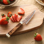 XINZUO 4 Inches Paring Knife, 53-Layer Tri-Color Copper Damascus Steel,Rosewood Handle,Acacia Wooden Gift Box Packing