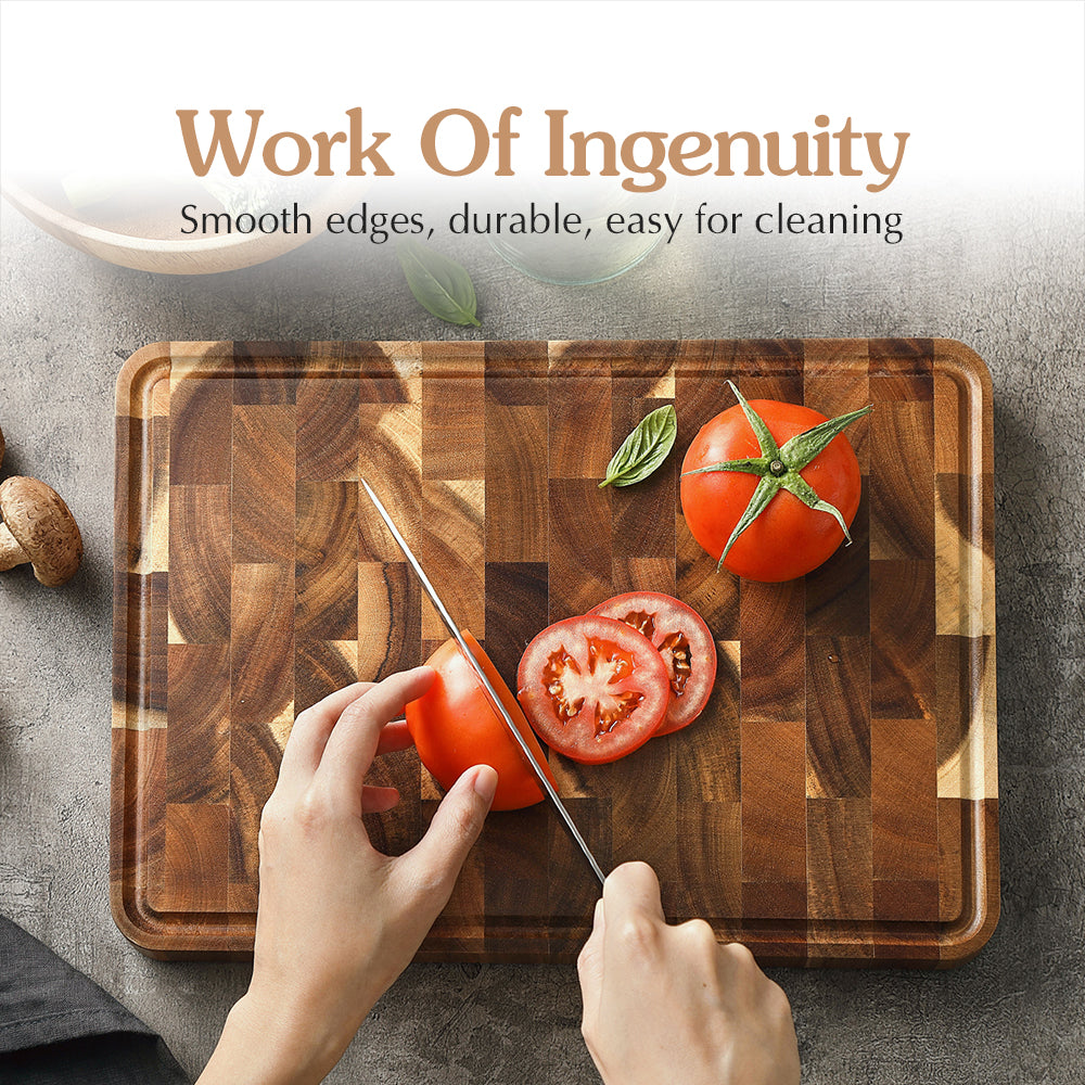 XINZUO Acacia Wood End Grain Cutting Board with Handles & Non-Slip Feet,Gift Box Package, Size 13.8" x 9.8" x 1"
