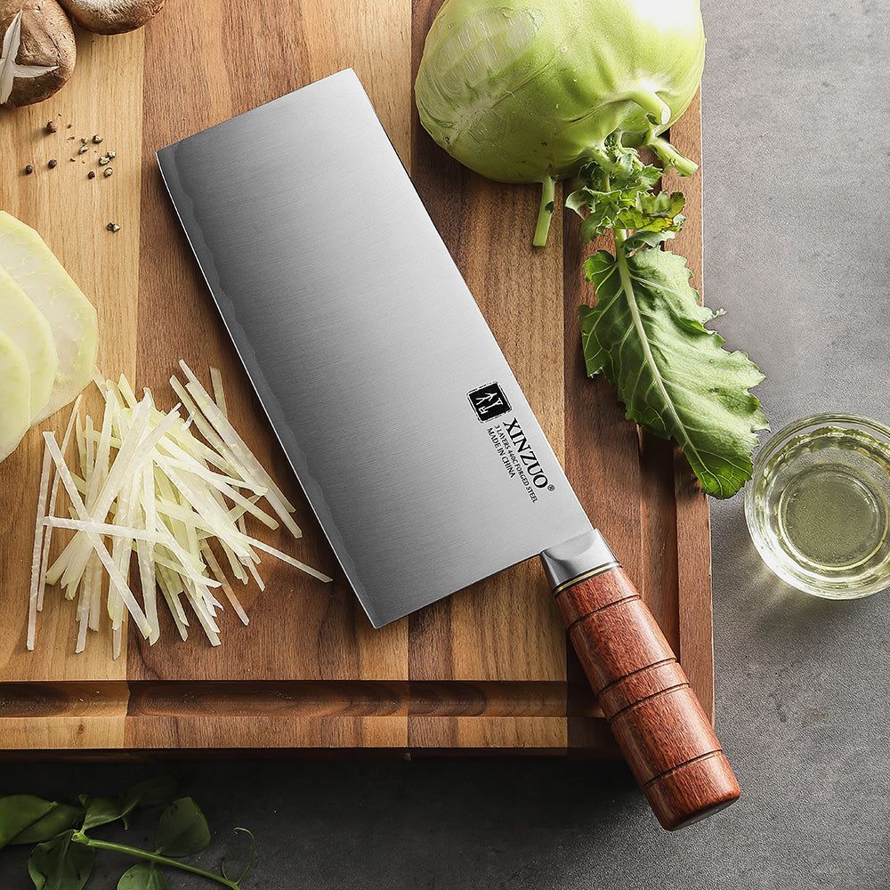 XINZUO 8 Inches Chinese Slicing Knife, 3 Layers Clad Steel with Red Wood Handle & Copper Rivets, 58~60HRC - FU Series