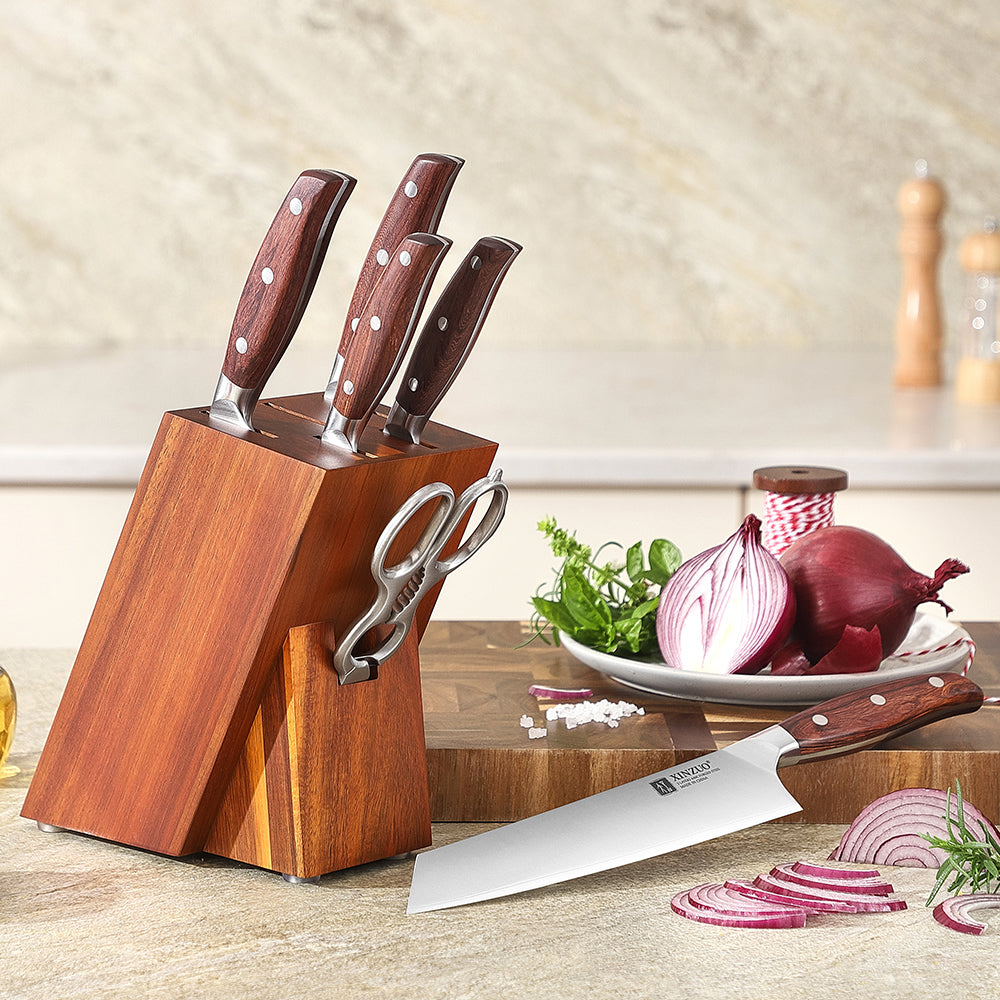 XINZUO Forged Kitchen Knife Set 7PCS Knife Set 440C Steel Core 3 Layers Composite Steel Hardness 60±1HRC