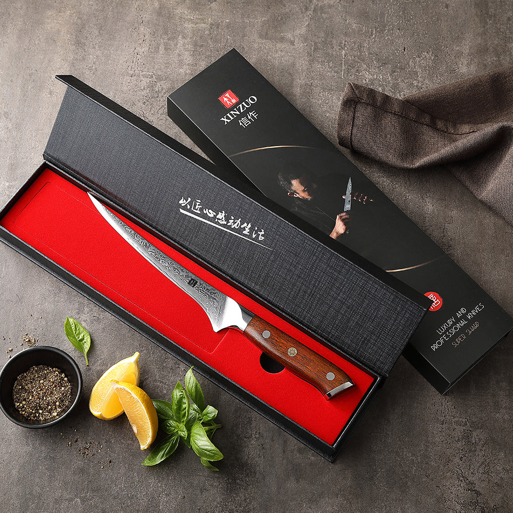 XINZUO 7-Inch Fish Fillet Knife — 67-Layer Damascus Steel Blade, Natural Rosewood Grip