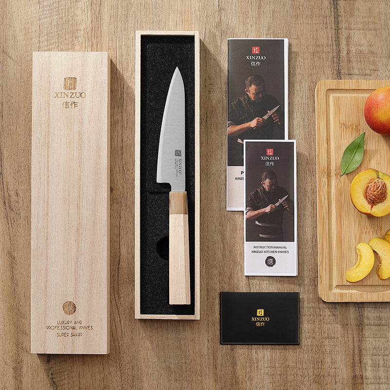 XINZUO 5.5 Inches Kitchen Utility Knife, Japanese Aogami #2 Steel, 62-64HRC, Ergonomic Octagonal Handle, Exquisite Gift-Ready Packaging