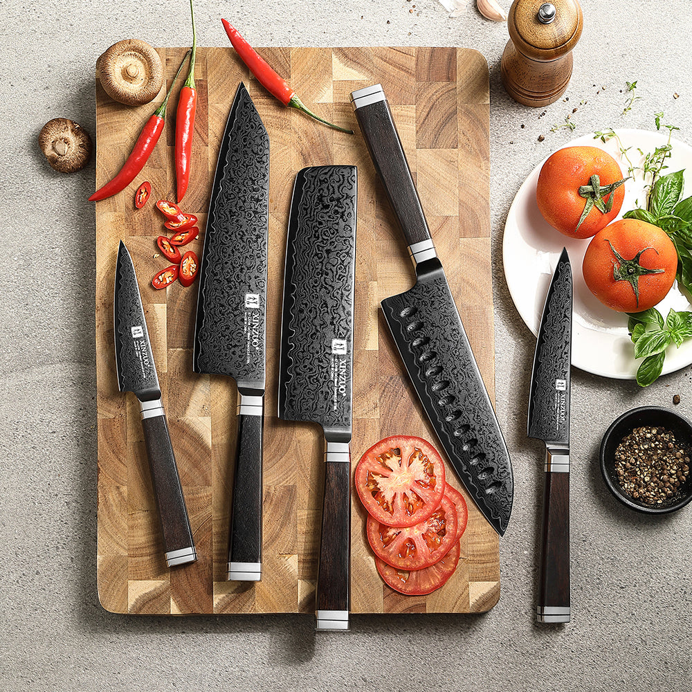XINZUO Ji Series 5PCS Damascus Steel Knife Set 67-Layer Damascus Steel Blade 60±2 HRC Hardness Core 15° Ultra-Sharp Edge