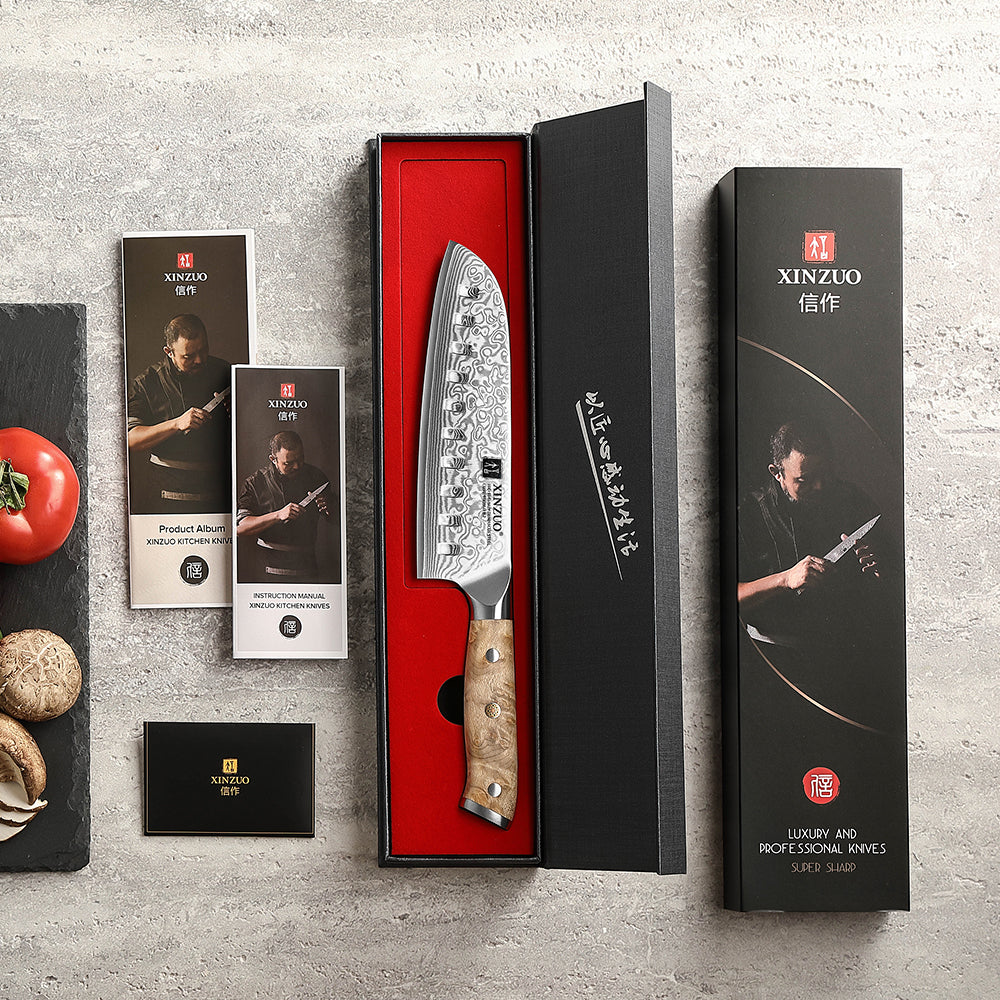 XINZUO 7.1 Inches Santoku Knife 67 Layer Damascus Steel 10Cr15CoMoV Core 60±2 HRC Handmade Kitchen Knife