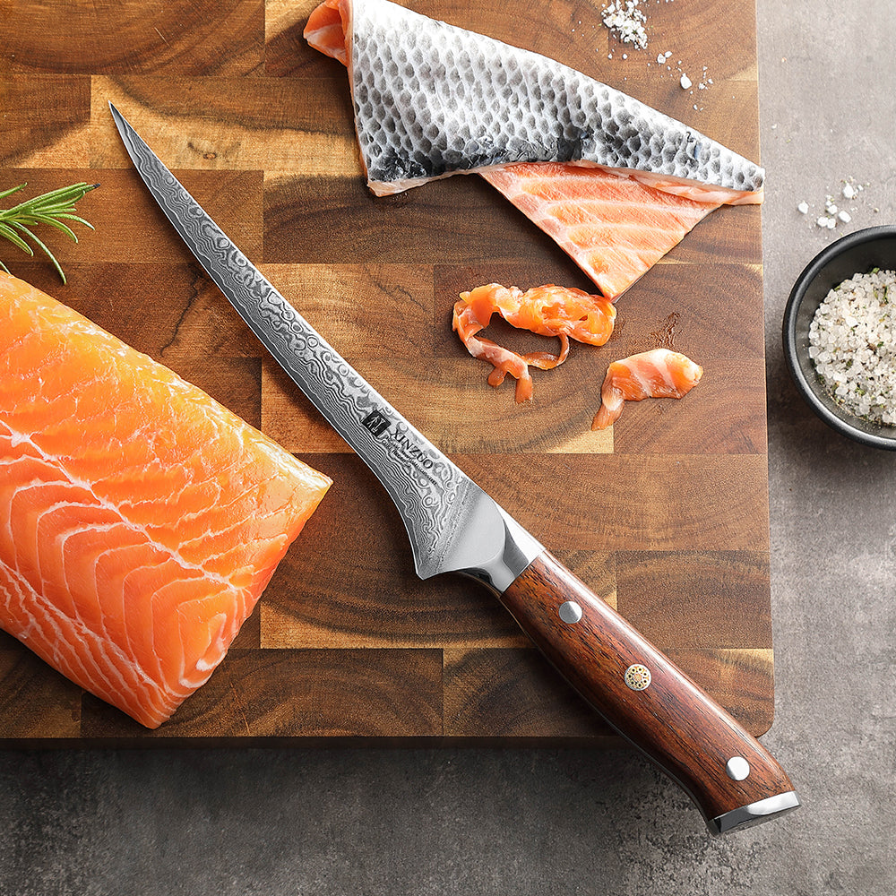XINZUO 7-Inch Fish Fillet Knife — 67-Layer Damascus Steel Blade, Natural Rosewood Grip