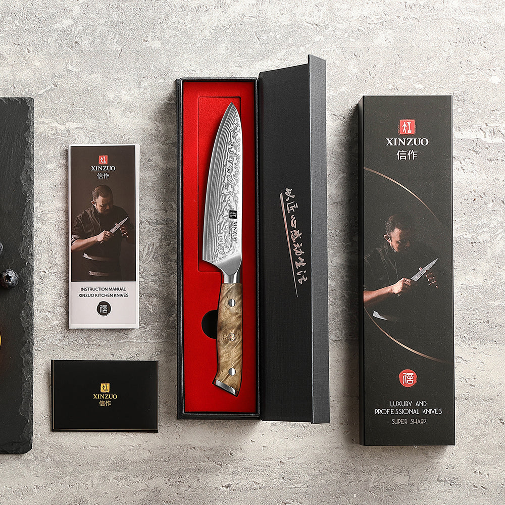 XINZUO Customized 5.2'' Inch Utility Knife 67-Layer Damascus Steel With Figured Sycamore Wood Handle Perfect Gift For Cooks