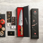 XINZUO 8.3” Chef Knife 67-Layer Damascus Steel 10Cr15CoMoV Core 60±2HRC Handmade with Figured Sycamore Wood Handle