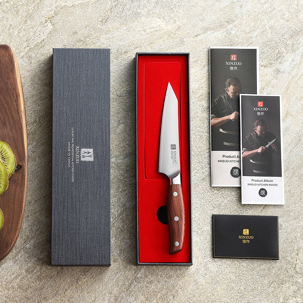 XINZUO Professional Utility Knife 3 Layers Composite Steel 60±1HRC Sharp Blade Premium Red Wood Ergonomic Handle