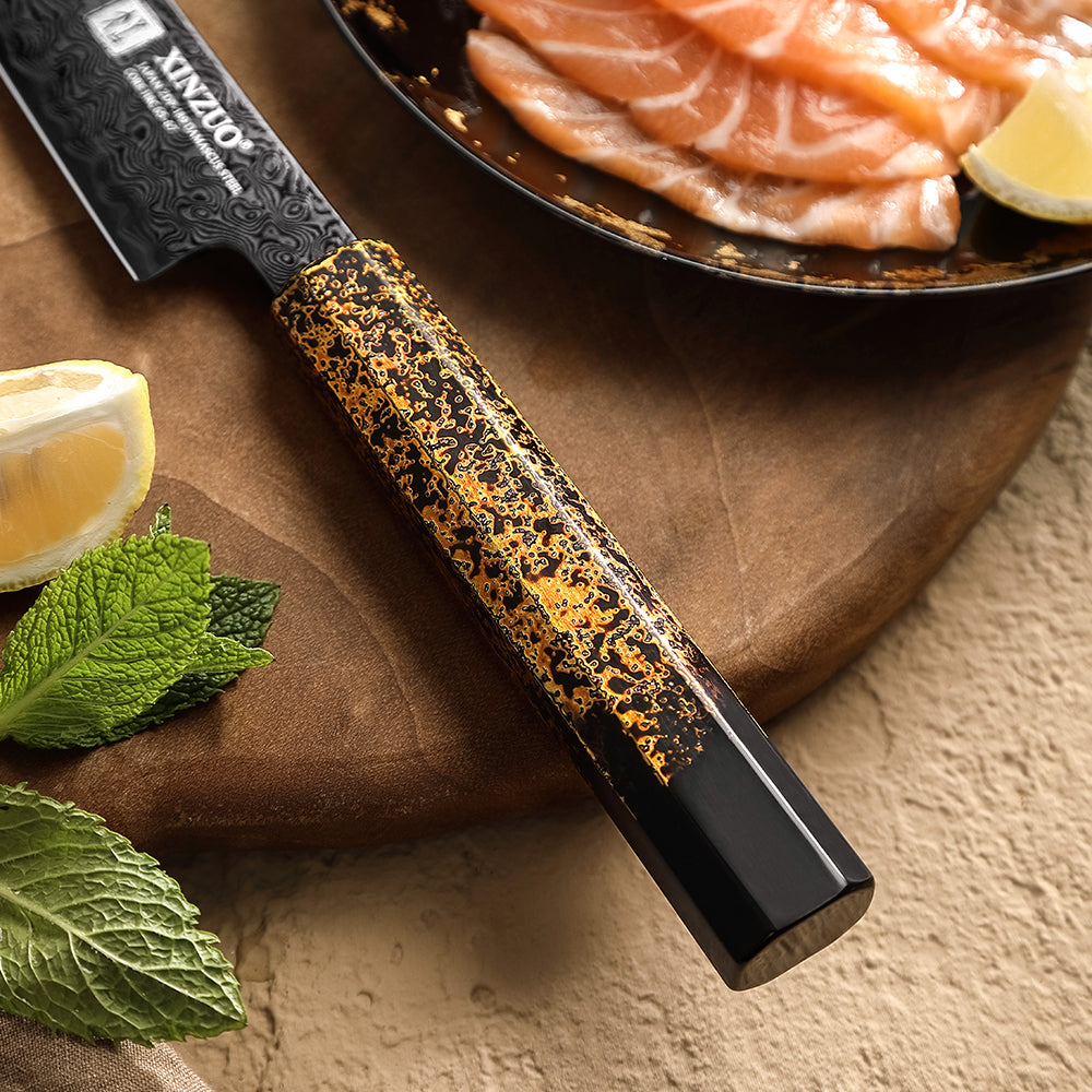 XINZUO 10 Inches Calamus Knife Japanese ZDP189 Damascus Steel Intangible Cultural Heritage lacquerware Handle