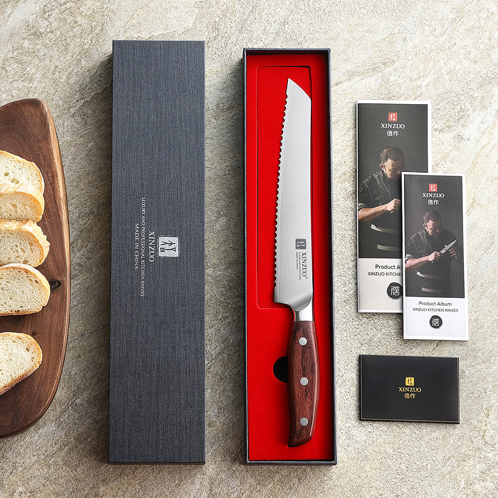 XINZUO 8.2 Inches Bread Knife 3 Layers Composite Steel 440C Steel Core With Nature Red Wood Handle