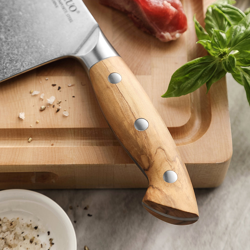 XINZUO Professional Chinese Bone Cleaver Knife - Triple-Layer Composited Steel with Olive Wood Handle, Razor Sharp & Ergonomic Design-PIN Series
