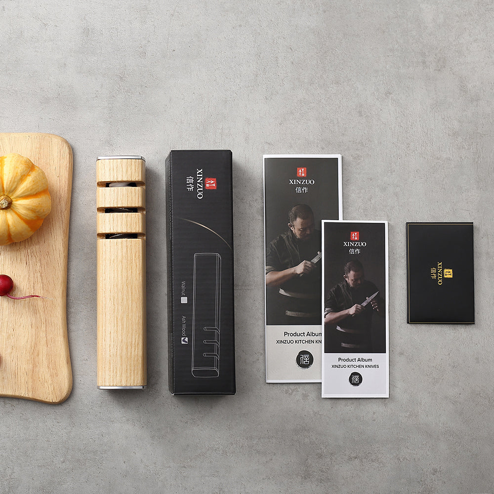 XINZUO 1PC 3-in-1 Knife Sharpener Diamond & Ceramic System Ash Wood & Walnut Wood Option，Scientific and Efficient Sharpening